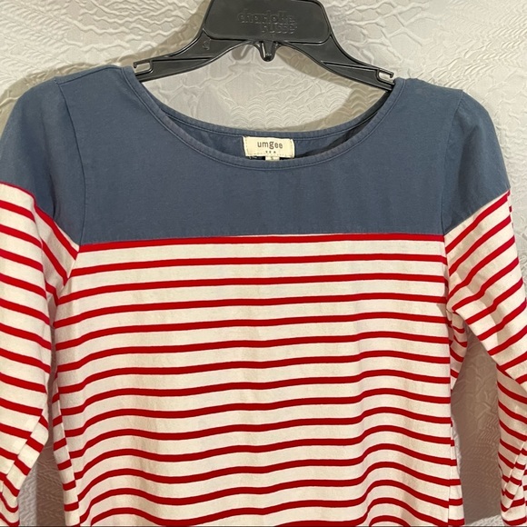 Umgee 3/4 Sleeve Red White & Blue Striped High Low Scoop Neck Dress - Picture 4 of 8